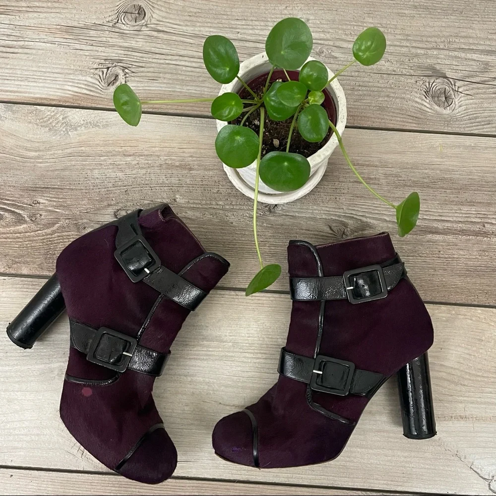 Sonia Rykiel Purple Fur Boots Women’s 8.5 Leather Buckle Block Heel‎